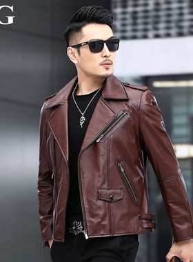 MG皮草春秋新款头层小牛皮皮衣男真皮哈雷机车潮流单外套牛皮夹克