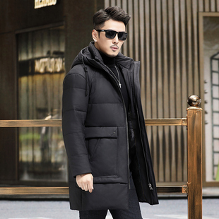 港风加厚鹅绒中长款真皮皮衣羽绒服男头层小牛皮外套带帽皮大衣冬