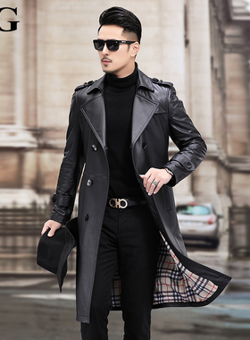 气度不凡英伦商务过膝长款头层软牛皮皮衣男士真皮风衣修身外套