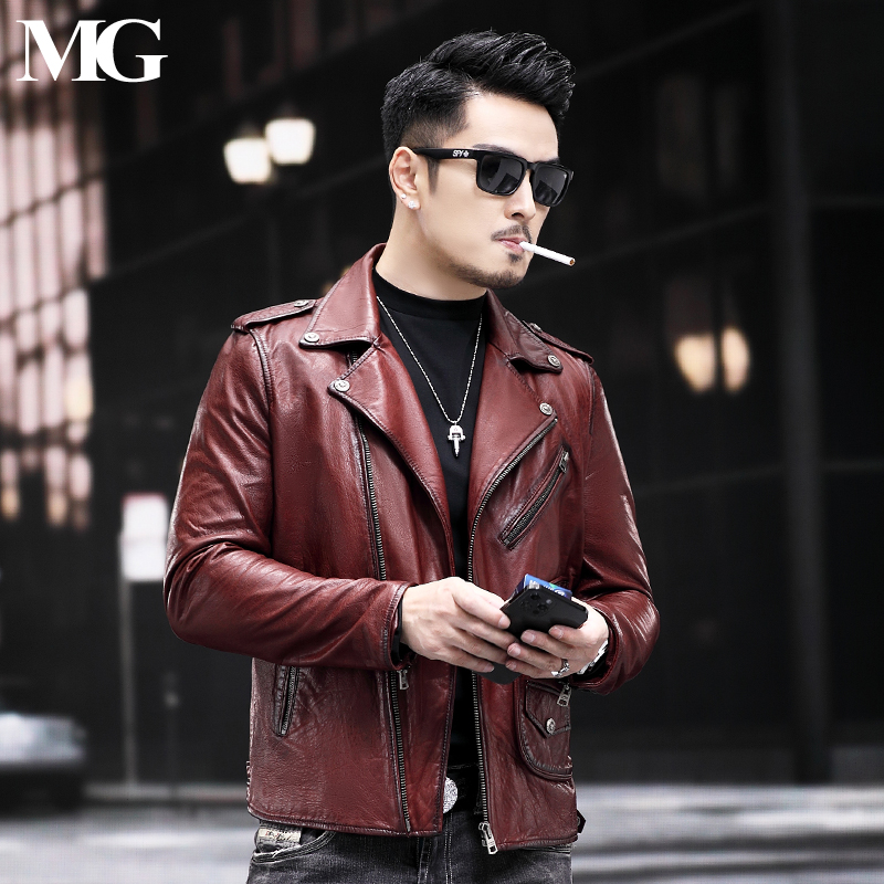 酒红色山羊皮潮流机车皮夹克