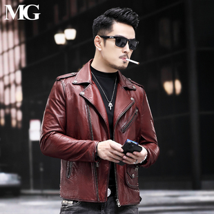 时尚机车潮男新款山羊皮外套修身短款秋时尚真皮皮衣酒红色皮夹克