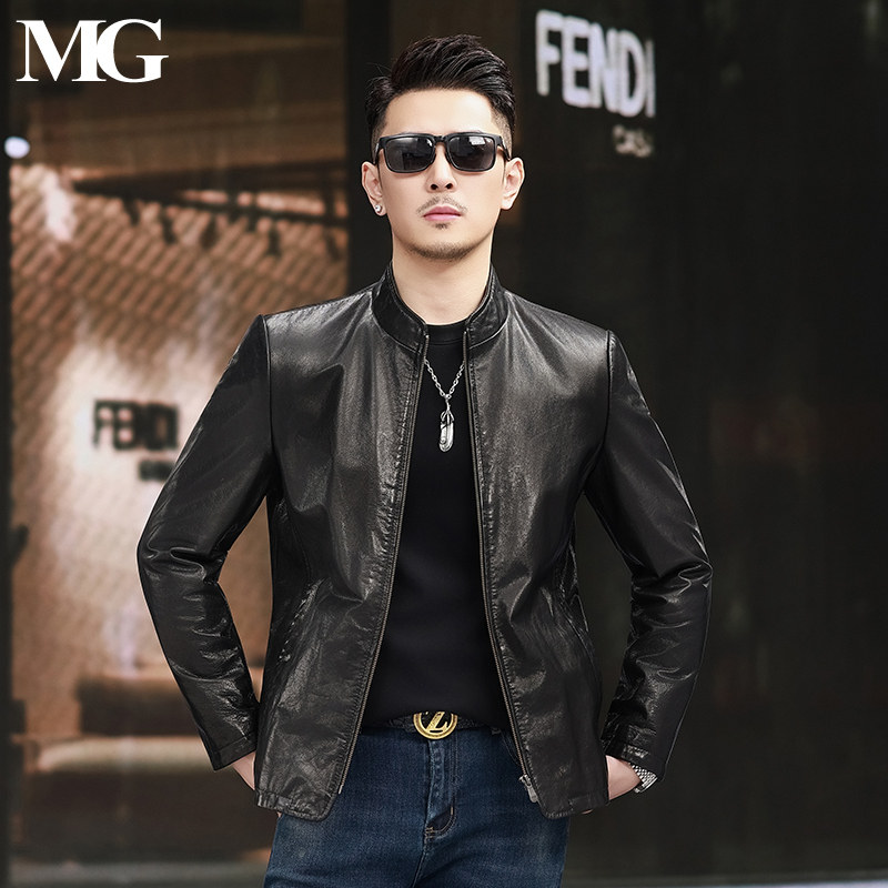 2025秋冬真皮皮衣男简约小立领修身油蜡头层小牛皮外套短款皮夹克