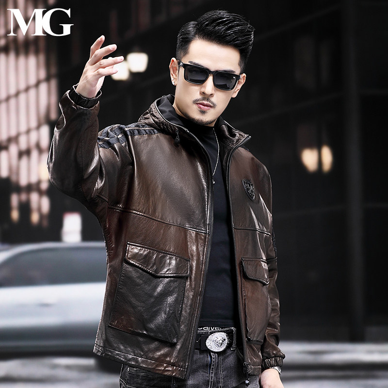 山羊皮连帽ins风阔版机车皮夹克