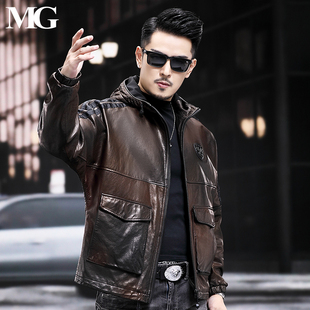 时尚宽松阔版落肩款真皮皮衣山羊皮外套青年ins潮连帽机车皮夹克