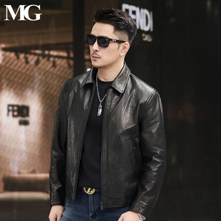 2025秋款高档油蜡头层小牛皮外套男士真皮皮衣修身短款机车皮夹克