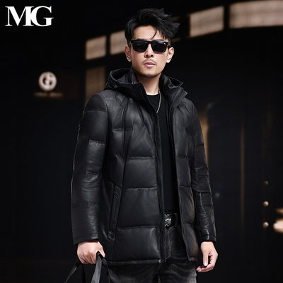 2025新款可拆卸连帽男士真皮皮衣鹅绒服中长厚外套头层绵羊皮夹克