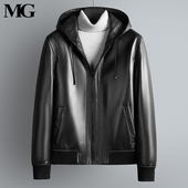 春秋新款 简约时尚 头层绵羊皮外套男士 真皮皮衣连帽短款 皮夹克