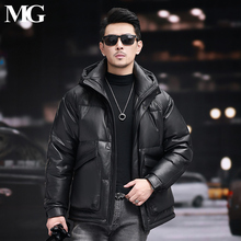高档轻奢进口头层小牛皮鹅绒外套男真皮皮衣羽绒服连帽加厚皮夹克