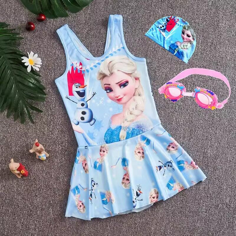 艾莎公主儿童泳衣女孩连体中大童泳裤elsa游泳衣裙式冰雪奇缘泳装