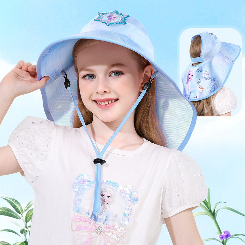 迪士尼儿童遮阳帽夏天女孩防晒防帽子爱莎公主紫外线帽户外太阳帽