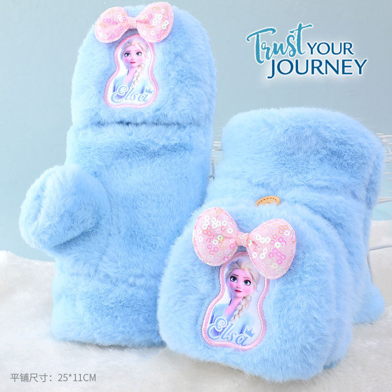 迪士尼儿童半指手套冬季保暖女童露指毛绒包指翻盖加厚手套爱莎