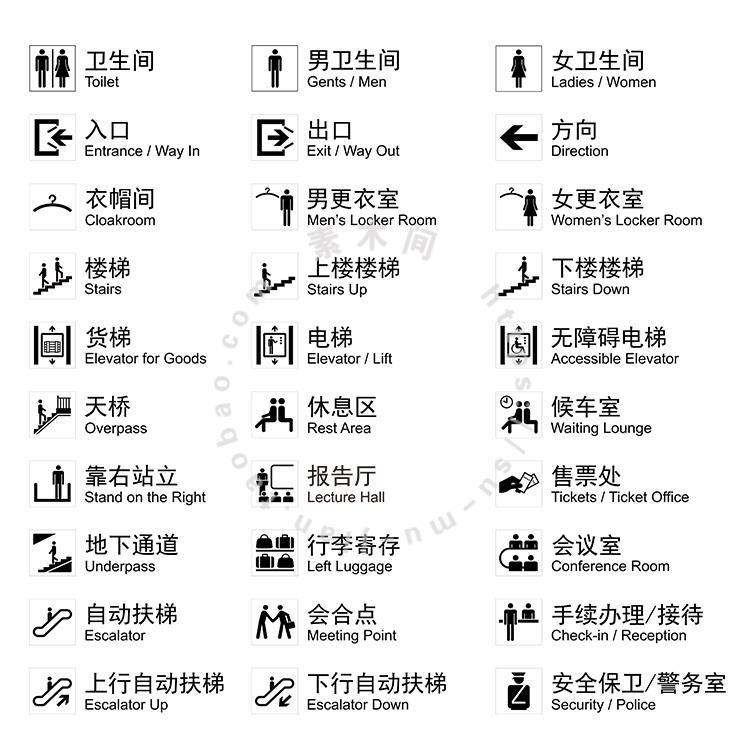 公共场所导视图标男女卫生间楼梯电梯扶梯AI格式矢量设计素材