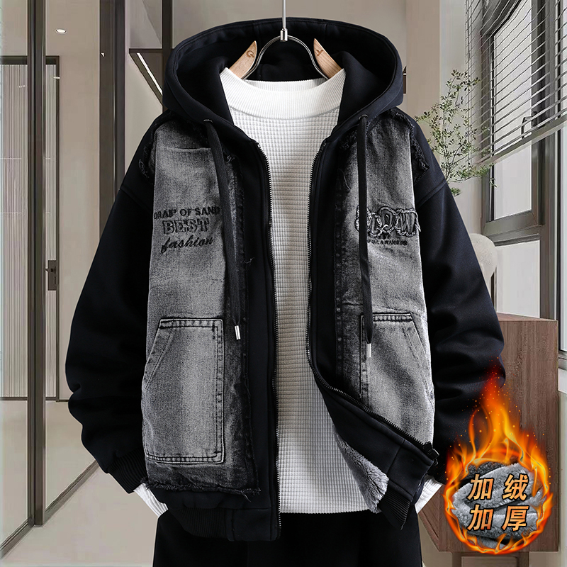 男宽松连帽牛仔外套加绒加厚棉衣