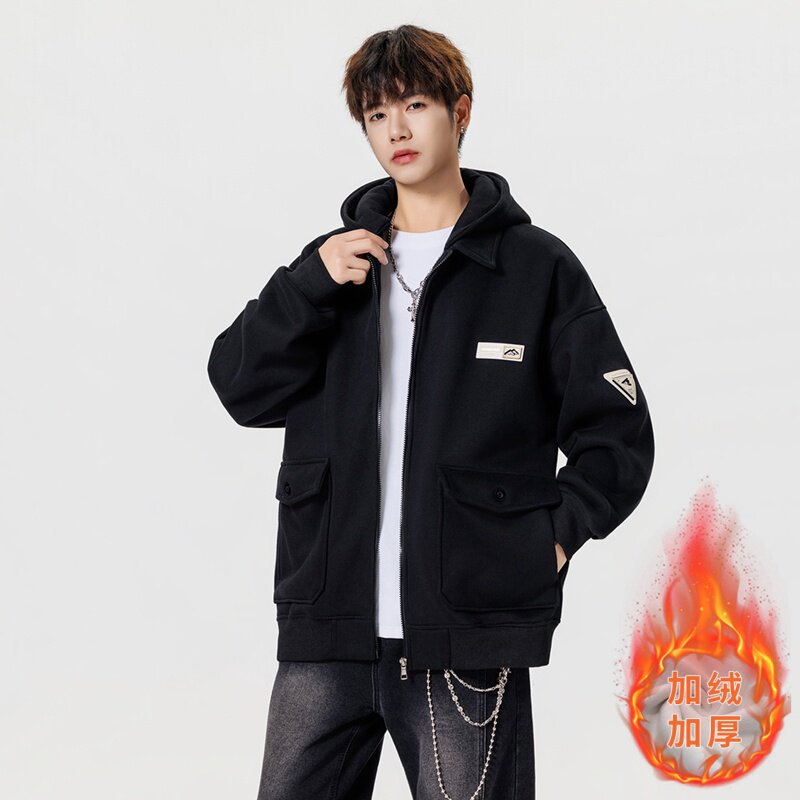 青少年冬季加绒加厚卫衣男孩12-15岁初中学生13胖大童棒球服外套