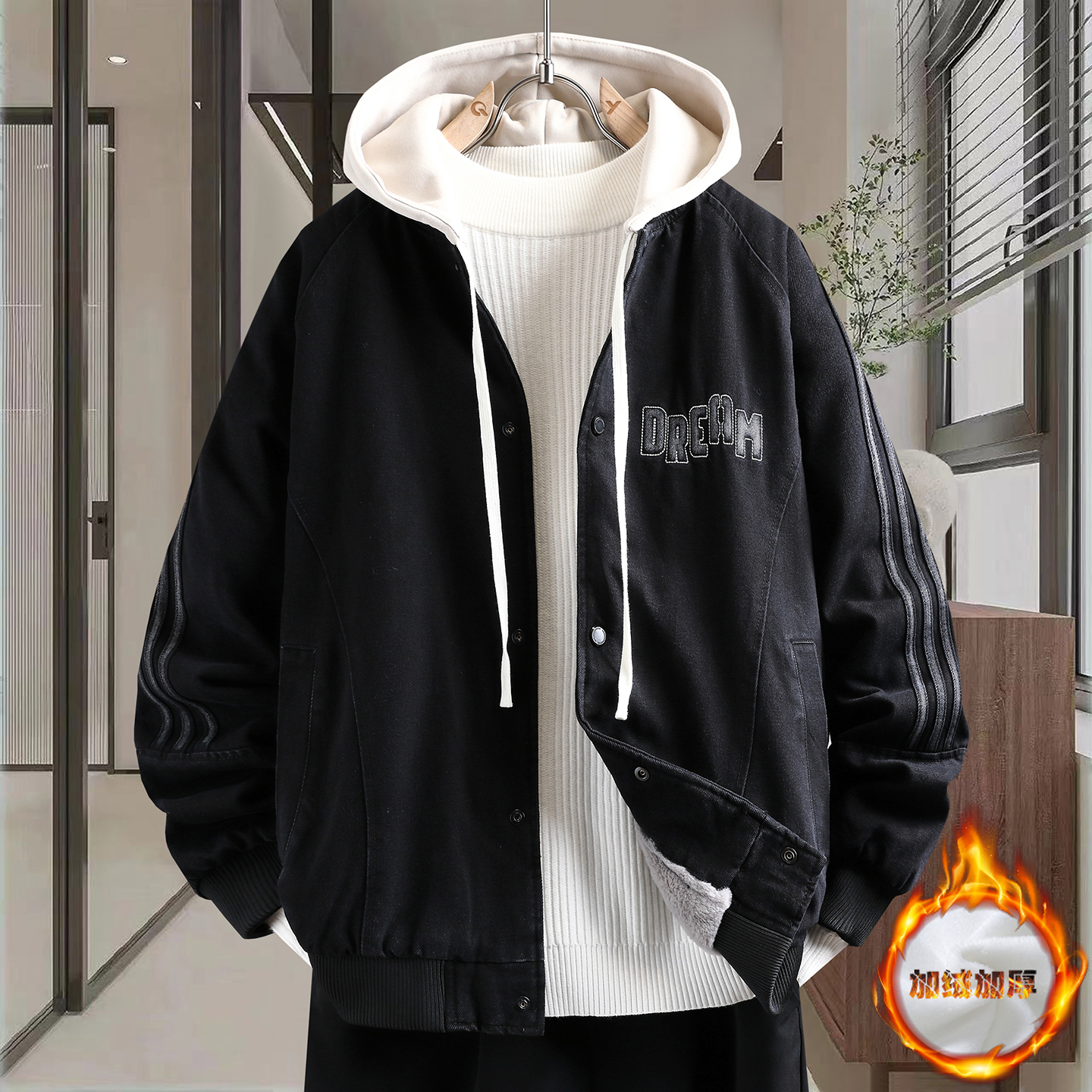 冬季男孩加绒加厚派克服牛仔棉衣
