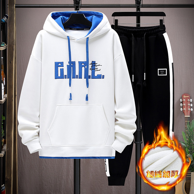 冬季潮流帅气加绒加厚卫衣13岁男孩中学生14青少年15长袖T恤套装