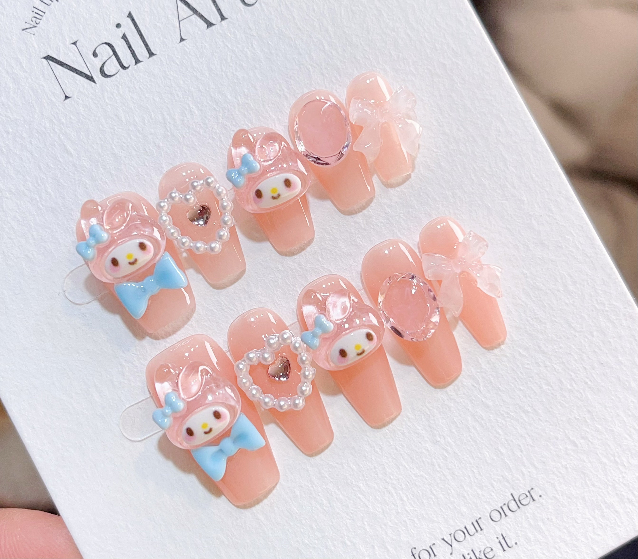 《长款爱心美乐蒂》学生手工穿戴甲爱心小孩姐蝴蝶结10岁12岁美甲