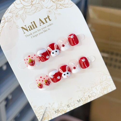 【手捏草莓兔】儿童纯手工穿戴甲3-9岁小孩姐红色新年款可爱彩绘