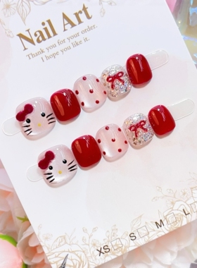 【猫眼波点KT猫】儿童手工穿戴甲粉色猫眼红色新年凯蒂猫短款美甲