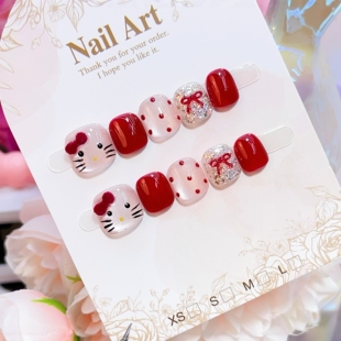 美甲 儿童手工穿戴甲粉色猫眼红色新年凯蒂猫短款 猫眼波点KT猫