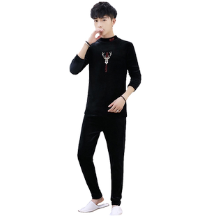 保暖内衣男加绒加厚套装秋冬季青少年学生金丝绒中领打底衫可外穿