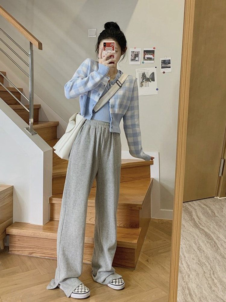 CARDIGAN SWEATER JACKET 2024 NEW SPRING KOREAN VERSION GENTLE WIND BLUE PLAID LOOSE SHORT KNIT TOP WOMEN