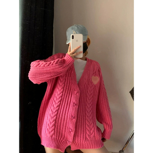 韩系甜酷风oversize宽松慵懒感秋冬绞花粗毛线针织开衫毛衣外套女