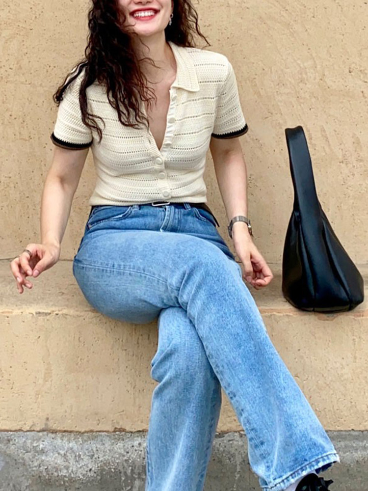 SALT POLO SHIRT WOMENS SUMMER SHORT LAPELS CHIC KNIT NICHE SHORT SLEEVE V-NECK T-SHIRT SWEET COOL TOP INS THIN STYLE