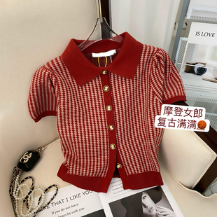 红色Polo领条纹针织短袖女夏季新款显瘦高级感超好看薄款冰丝上衣