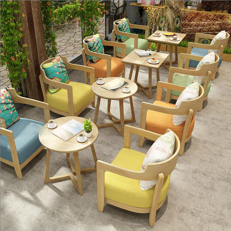 咖啡馆单人沙发座 实木小沙发椅 洽谈休息区水吧书吧谈单桌椅组合