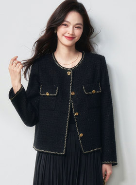 25春法式名媛风经典黑色粗花呢外套百搭显瘦气质上衣15787