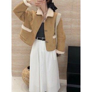 2024年秋冬新款全羊毛皮毛一体外套女短款两面穿翻领韩小个子颗粒