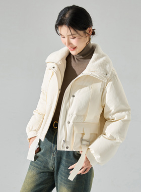 新款羽绒服冬季短款休闲加厚毛绒拼接立领白鸭绒外套15508
