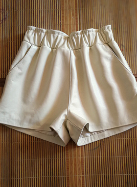 2023新款海宁松紧腰短裤子女冬绵羊皮高腰皮裤大码白色阔腿裤秋冬