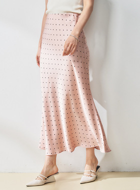 25春夏新款香槟粉高级缎面复古波点鱼尾长款法式半身裙黑色18299