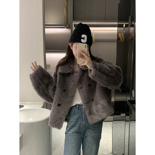 韩系托卡羊剪绒外套女皮毛一体大衣双排扣小个子方领羊羔毛皮草
