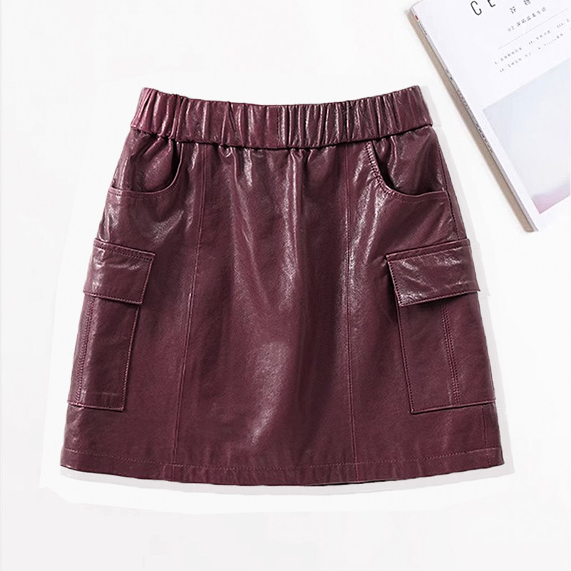植鞣皮真皮短裙黑色皮裙子半身裙女半裙秋冬绵羊皮a字小个子新款