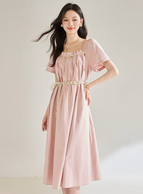 盛宏25夏粉色贝壳织带压褶天丝棉连衣裙夏季波嬉风18832