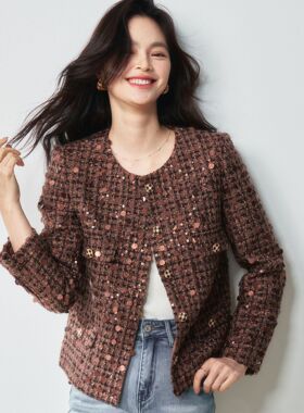 25早春新款韩版名媛重复古咖色亮片短款上衣外套女22618