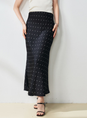 25春夏新款黑色波点高级缎面复古鱼尾长款法式半身裙香槟粉18299