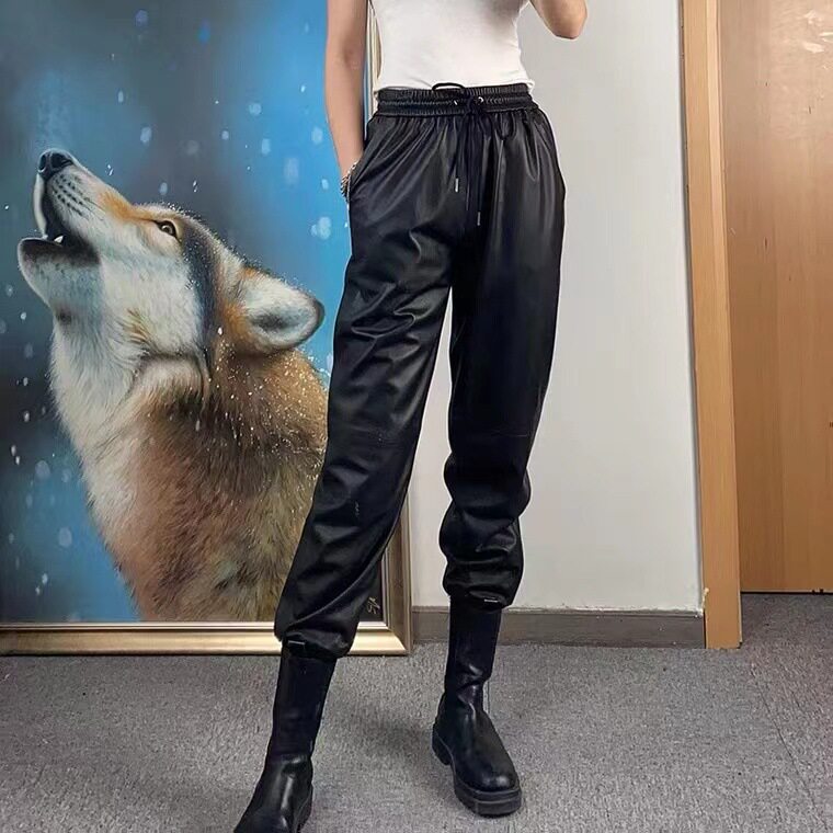 2024年秋冬真皮绵羊皮长裤新款松紧抽绳束脚裤宽松皮裤女九分裤女