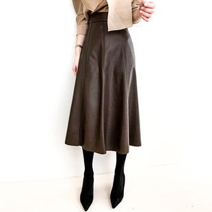 真皮半裙2023秋冬新款高腰大摆伞裙咖色小皮裙半身裙女绵羊皮a字