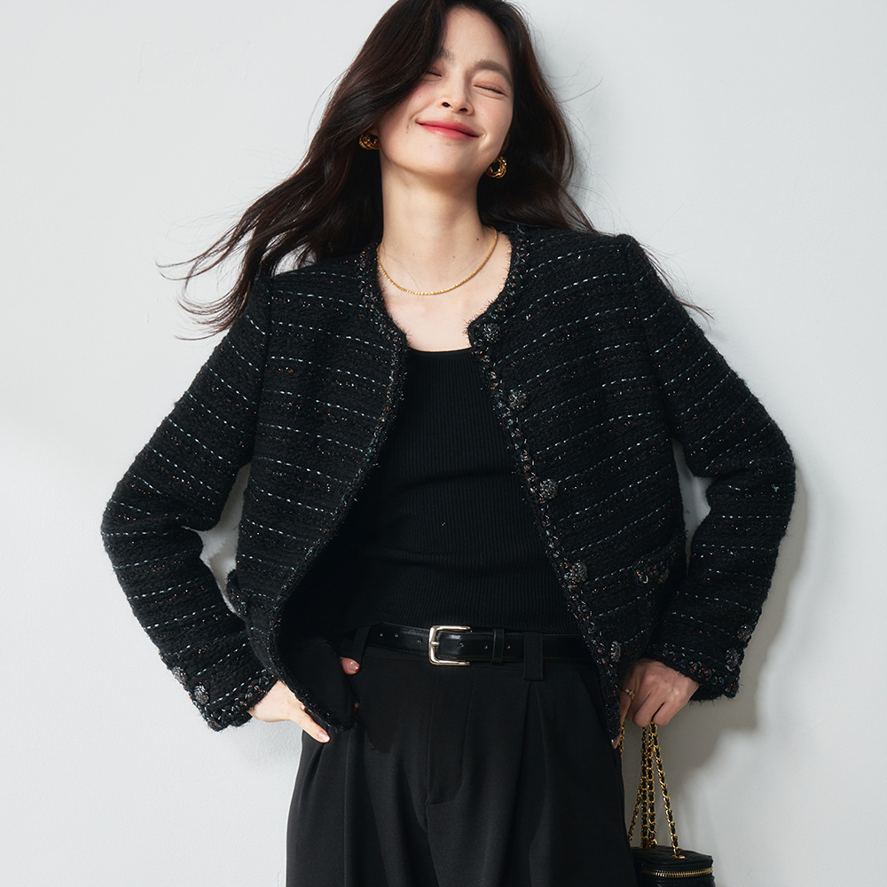 25春新黑色亮丝羊毛条纹手工编织女装设计感圆领外套18265