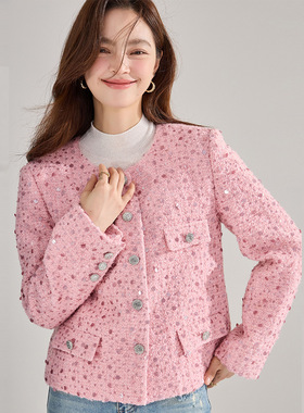 25早春新法式名媛粉色粗花呢羊毛亮片短款上衣外套女22618