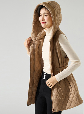 秋冬季新款小个子 复古菱格绗线连帽棉服马甲背心外套女22136