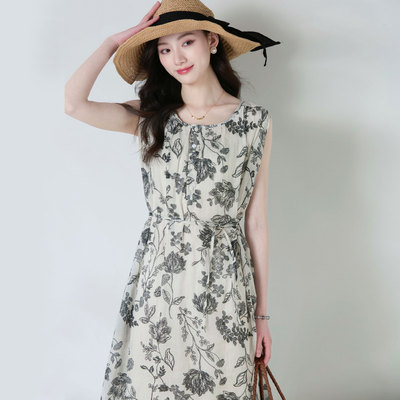 25春夏苎麻印花圆领无袖系带连衣裙复古宽松百搭背心裙25226