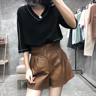 经典时尚百搭真皮绵羊皮高腰显瘦小羊皮皮裤阔腿短裤女