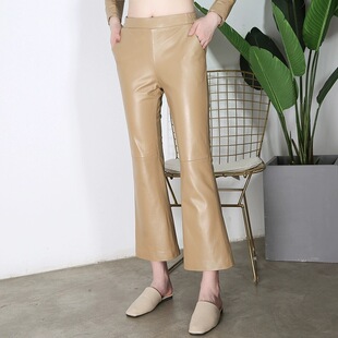 绵羊皮皮裤 真皮微喇修身 高腰长裤 喇叭裤 九分 新款 2024年秋冬新款