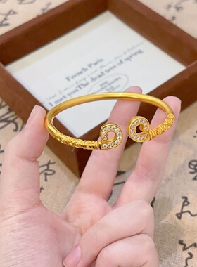 古法沙金镶钻如意金箍棒开口手镯戒指女金箍棒手镯