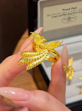 金店同款沙金凤凰花边戒指女中式婚嫁风金色戒指可调节指环